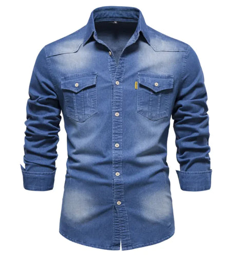 New Denim Men's Casual Solid Color Long Sleeve Shirt