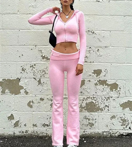 Knitted Hoodie Cropped Top And Pants Set